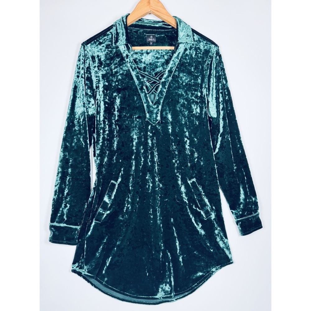 Billy T Tunic Top Women Small Emerald Green Crushed Velvet Strappy V Neck Pocket